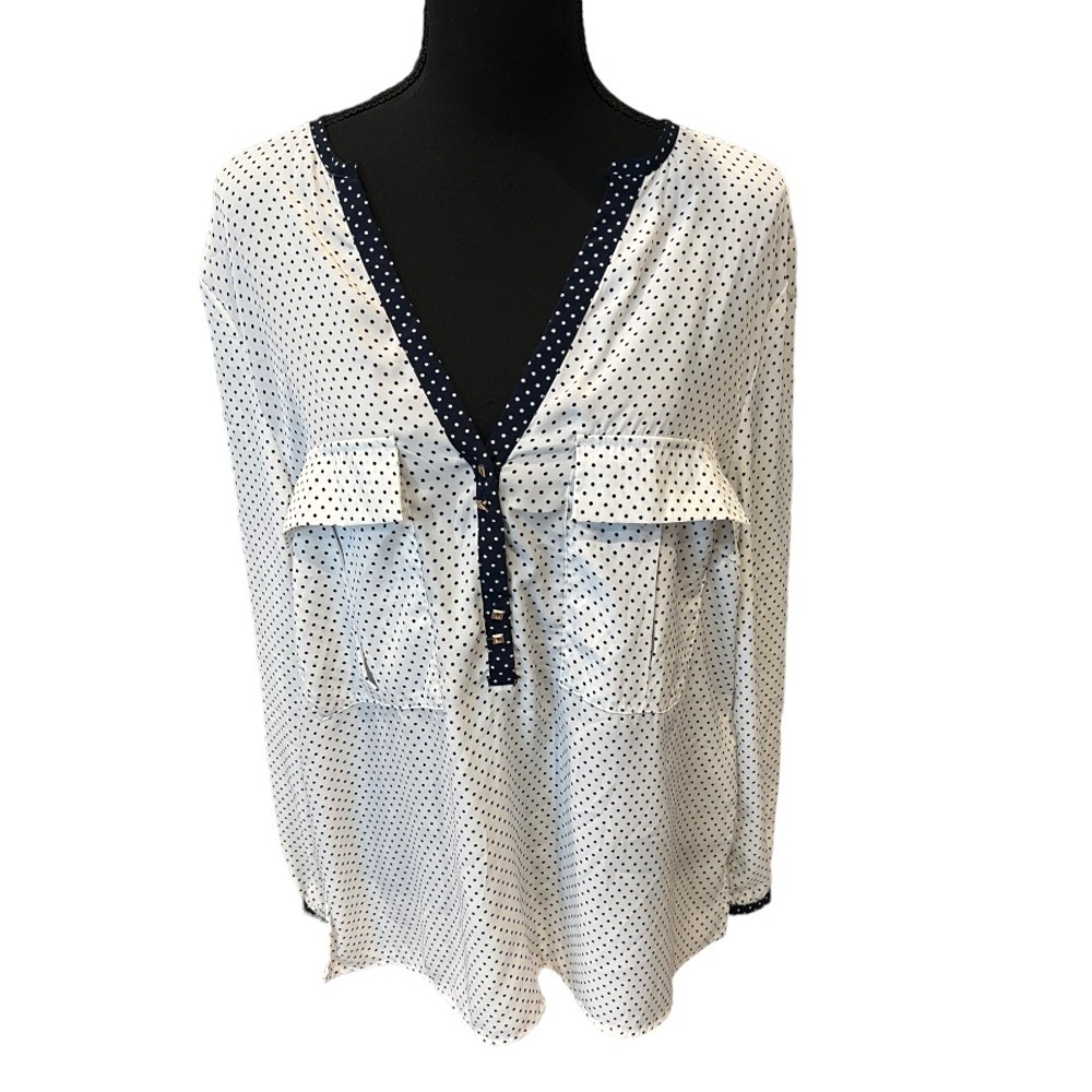 Zara White and Navy Polka-dotted Blouse Gold Button  
Size XL